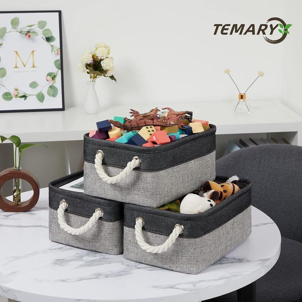 Temary Fabric Storage Baskets 6 Pcs Small Cloth Basket for Shelves Collapsible Decorative Storage Organizer Small Canvas Storage Bins with Handles (Black,11.8L x 7.9W x 5.3H inches)