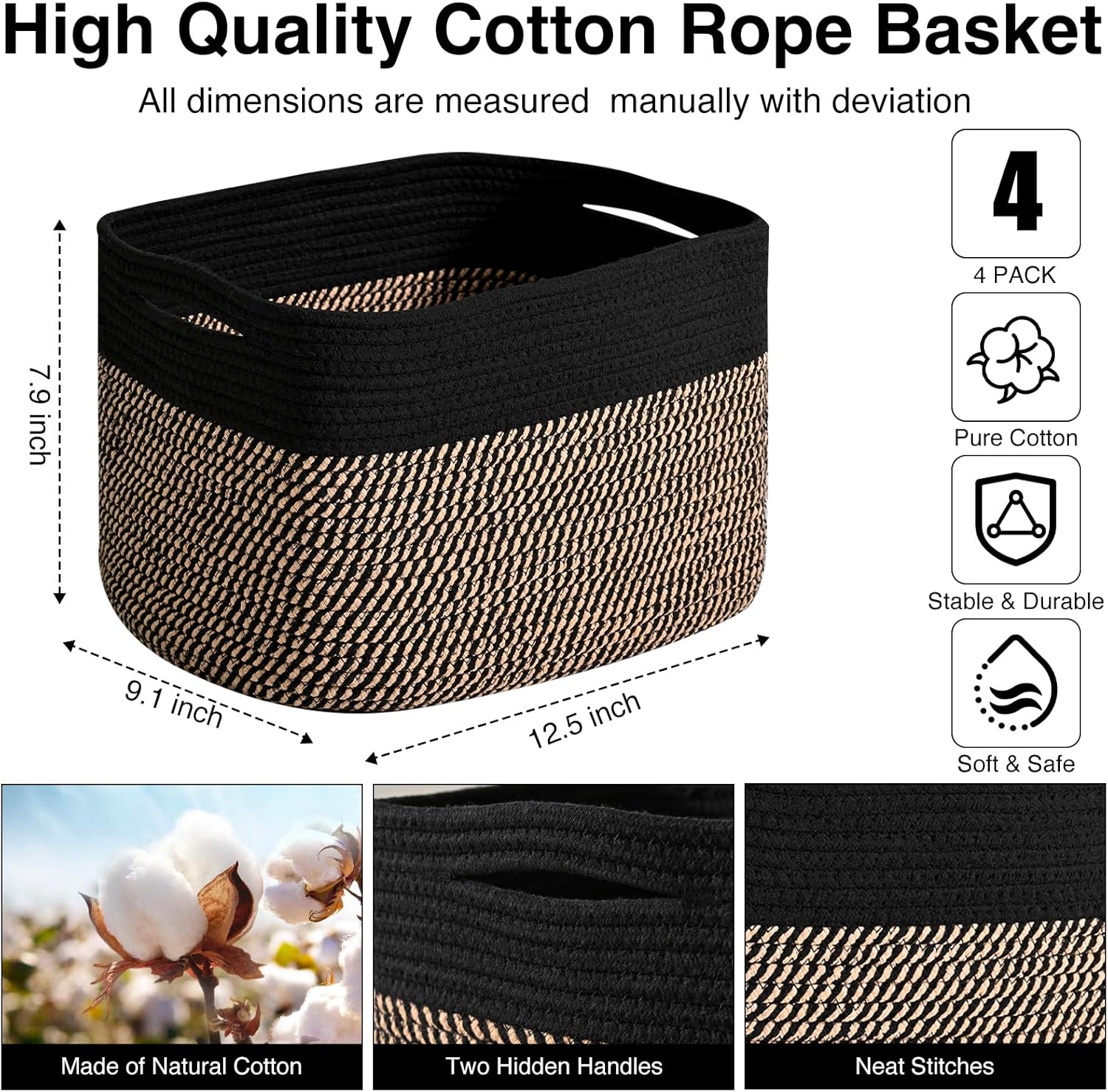 Storage Baskets for Shelves Organizing, Woven Cotton Rope Baskets for Storage, Book Basket, Decorative Shelf Basket, 12.5"Lx9.1''Wx7.9''H (4 Packs) Black & Jute