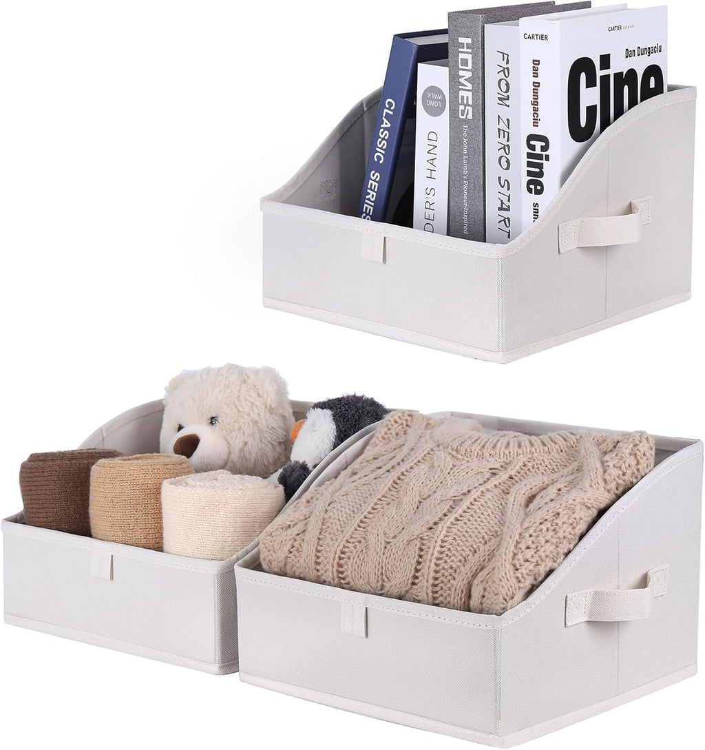 WUIKE Closet Storage Bins, Large Trapezoid Storage Boxes with Handles, Fabric Storage Baskets for Organizing Clothes, Sheets, Blankets, Decorative Storage Bins, White & Beige