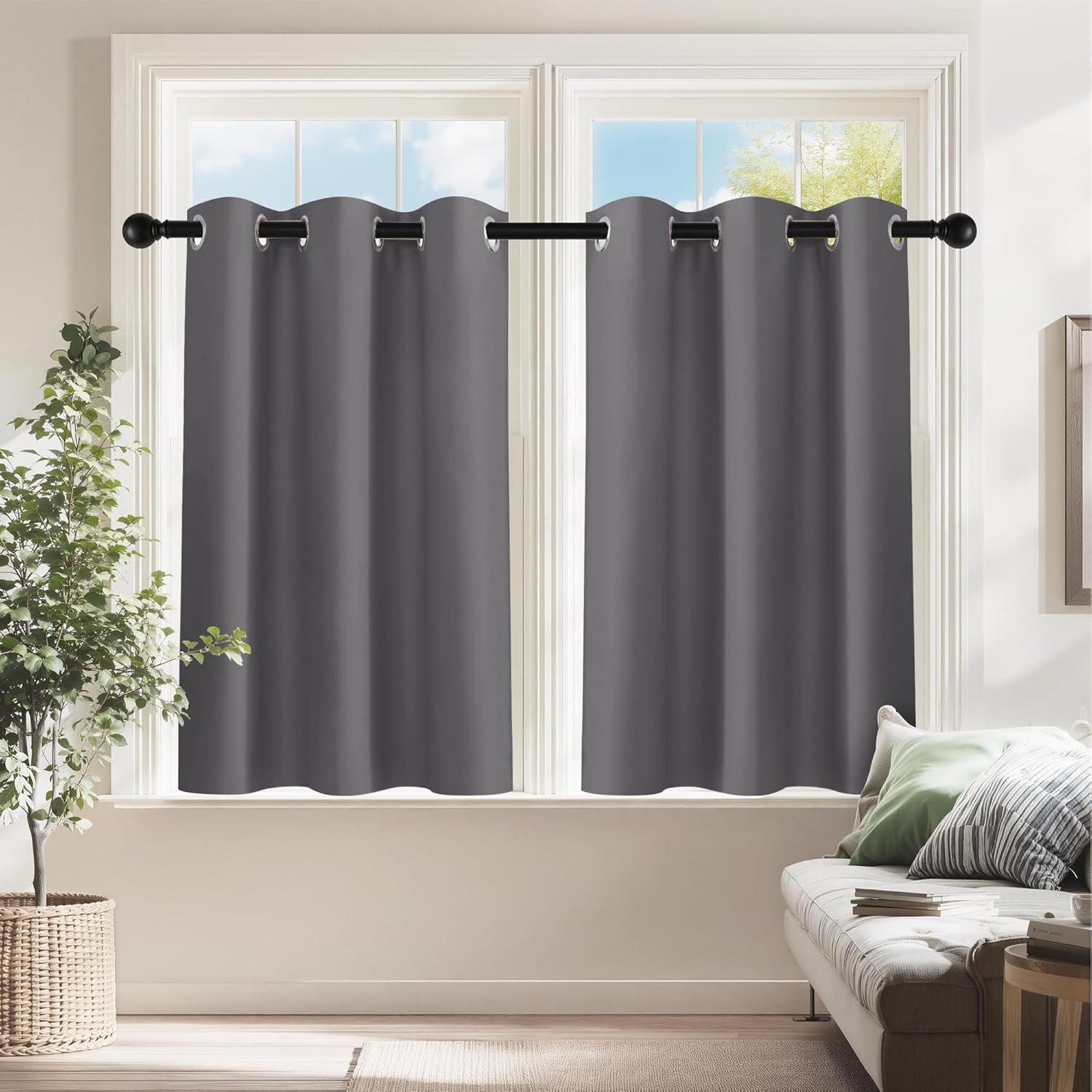 PONY DANCE Small Window Curtains for Bathroom - Short Curtains for Living Room Blackout Portable Blinds Shades for Bedroom Kitchen (Grey, 29 Wide by 30 Inches Long)