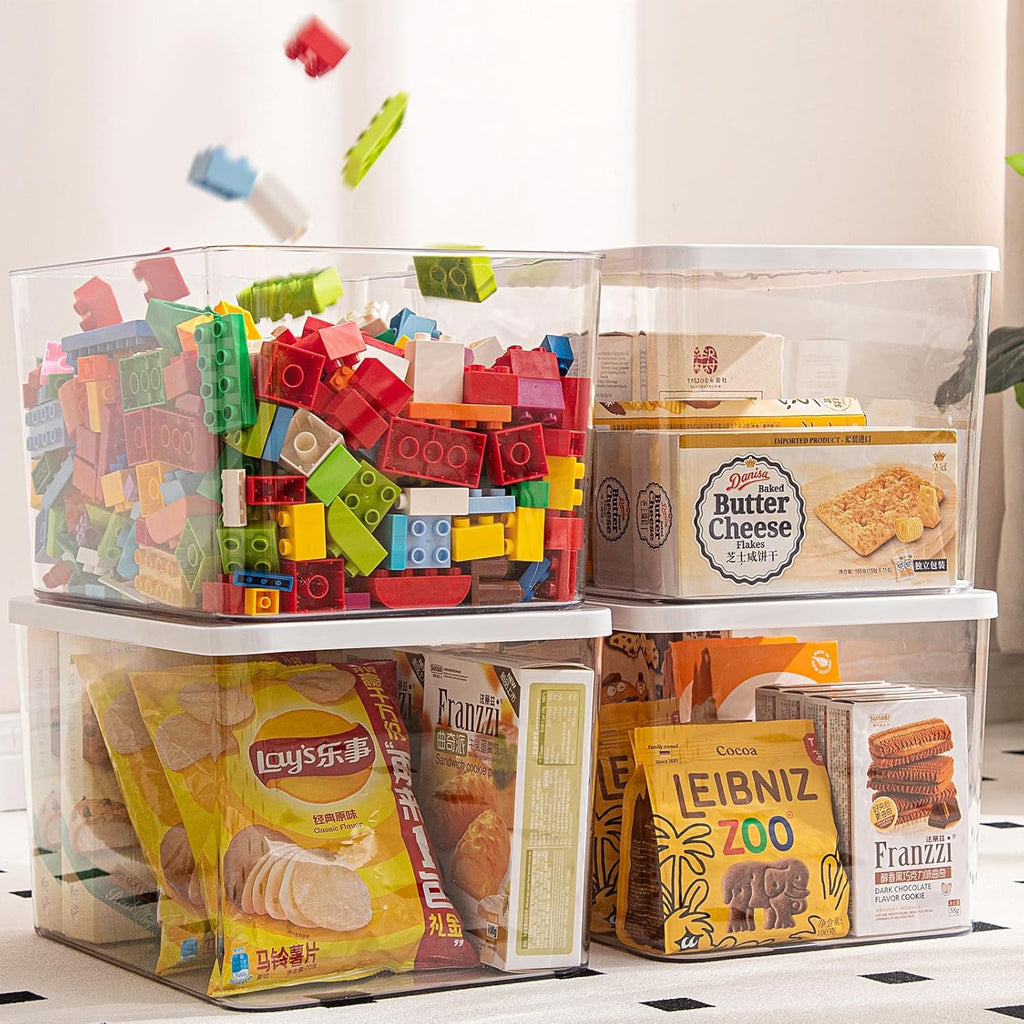 Clear plastic storage bins with LIDS-4packs,storage containers for snacks, cosmetics, books, dog food, Storage Organizer for Nursery，Kitchen, Living room,Bedroom, Bathroom, Office (Clear-White Lid)