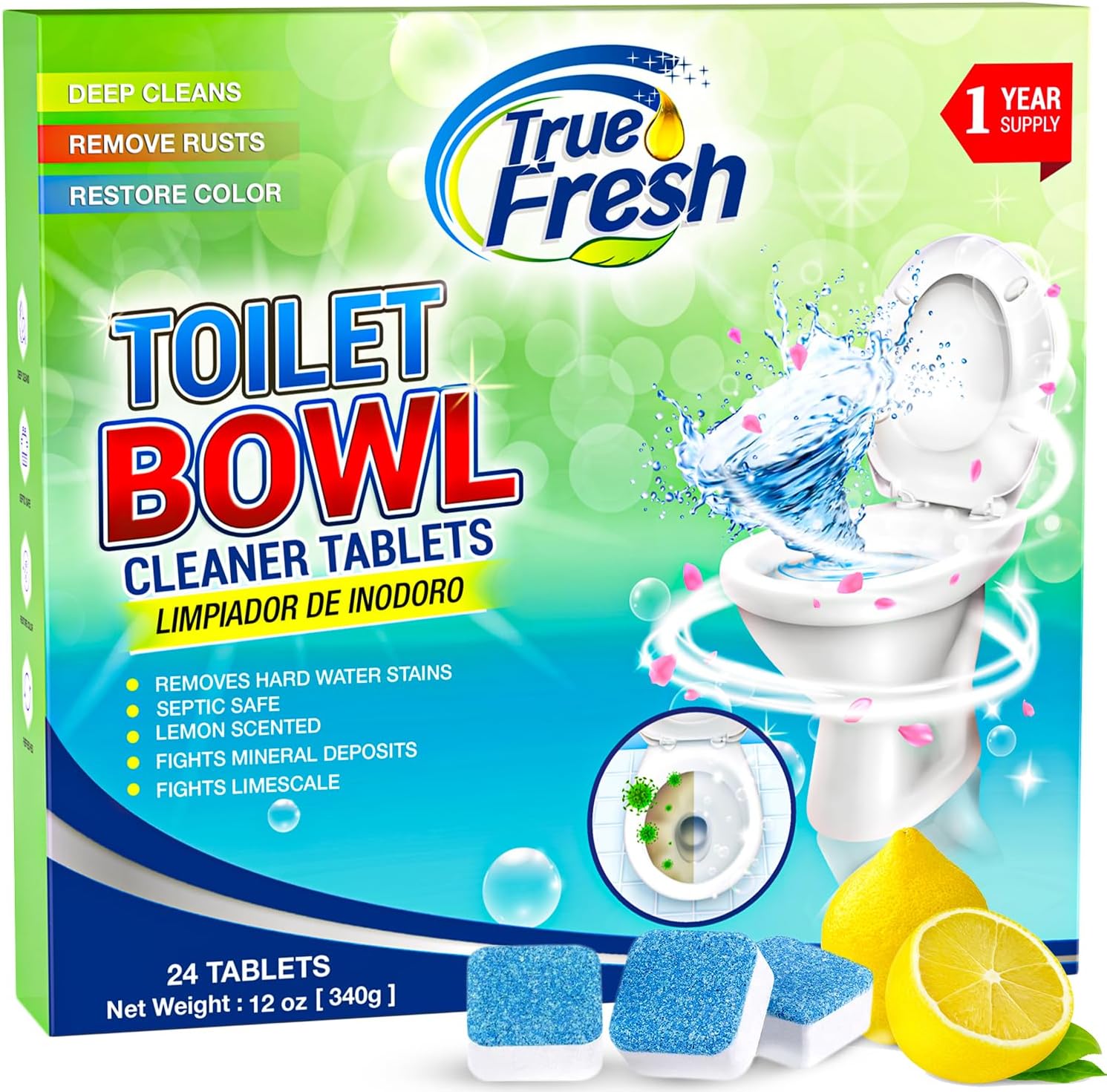 True Fresh Toilet Bowl Cleaner Tablets 24 Pack – Deodorizer & Septic Safe – Deep Cleaning, Odor Eliminator, Stain Remover for Long-Lasting Freshness – Fresh Lemon Scent