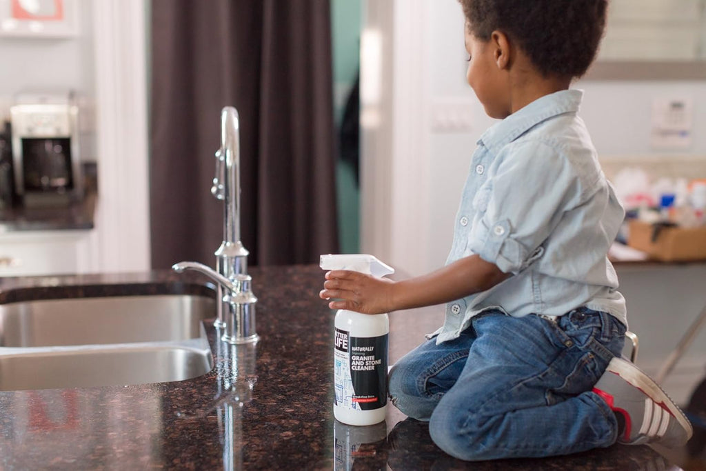 BETTER LIFE Granite Cleaner and Polish - Stone Countertop Cleaner for Marble, Quartz, Slate, Concrete Surfaces or Floors - Streak-Free Granite Stain Remover - 1 Gal Refill, Pomegranate & Grapefruit