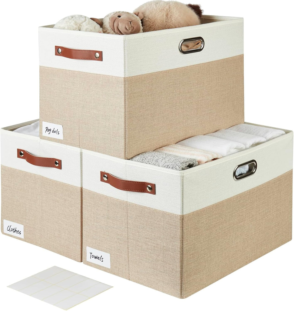 Large Collapsible Fabric Storage Bins with 3 Handles, Foldable Organizer Baskets for Closet, Shelves, Living Room | 3 Pack, Durable PU & Metal Handles (17"x11.8"x11.8", Beige & White)