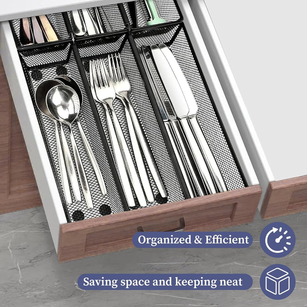 10 Pack Silverware Drawer Organizer 9 x 3 x 2 Inch Mesh Utensil Organizer for Kitchen Drawers with Interlocking Arm for Flatware Knives Spoons Fork Cosmetic Utensil Tabletop Storage Tray