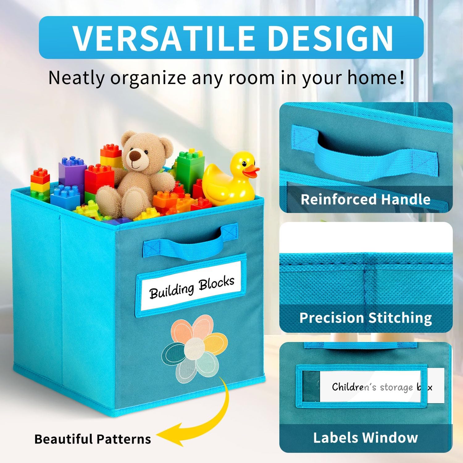 Cube Storage Bins, 6 Pack 11 Inch Fabric Storage Bins with Handle and Label Window, Foldable Storage Cubes, Colorful Fabric Bins for Kids Room, Classroom Organization and Storage, Clothes, Toys