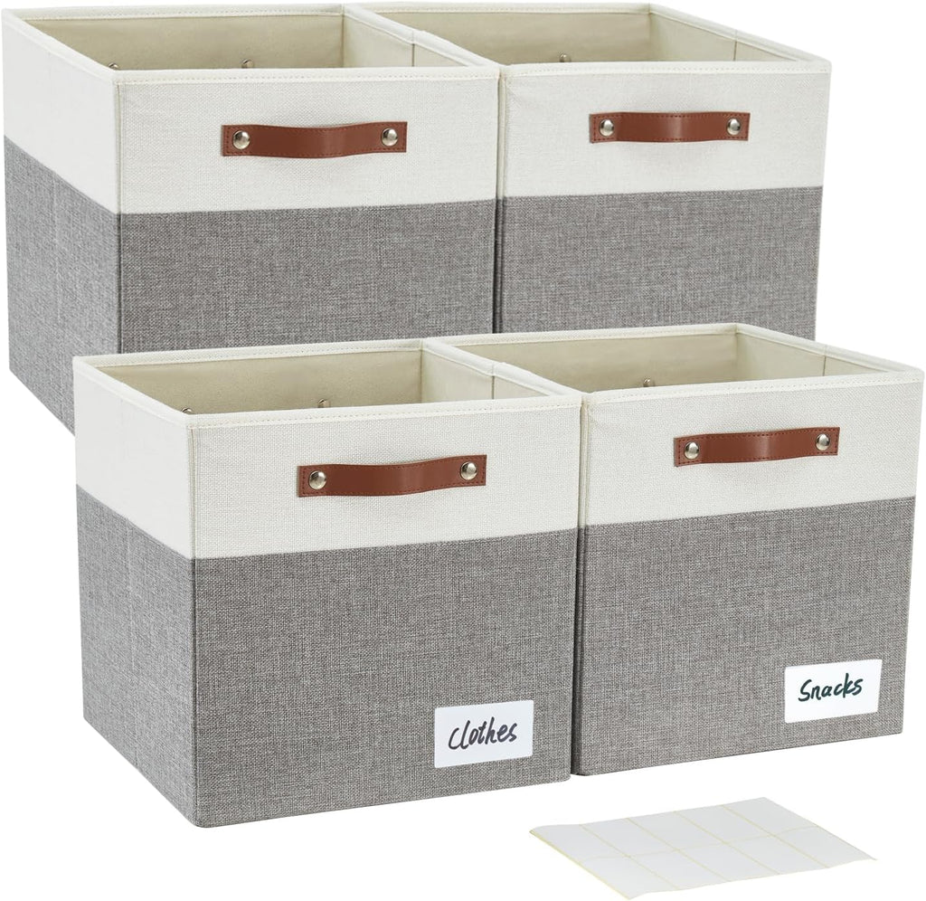 Collapsible Fabric Storage Cube Bins with 2 Reinforced PU Handles, Foldable Storage Organizer Baskets for Closet, Shelves, Living Room | 13"x13"x13", 4 Pack, Gray & White