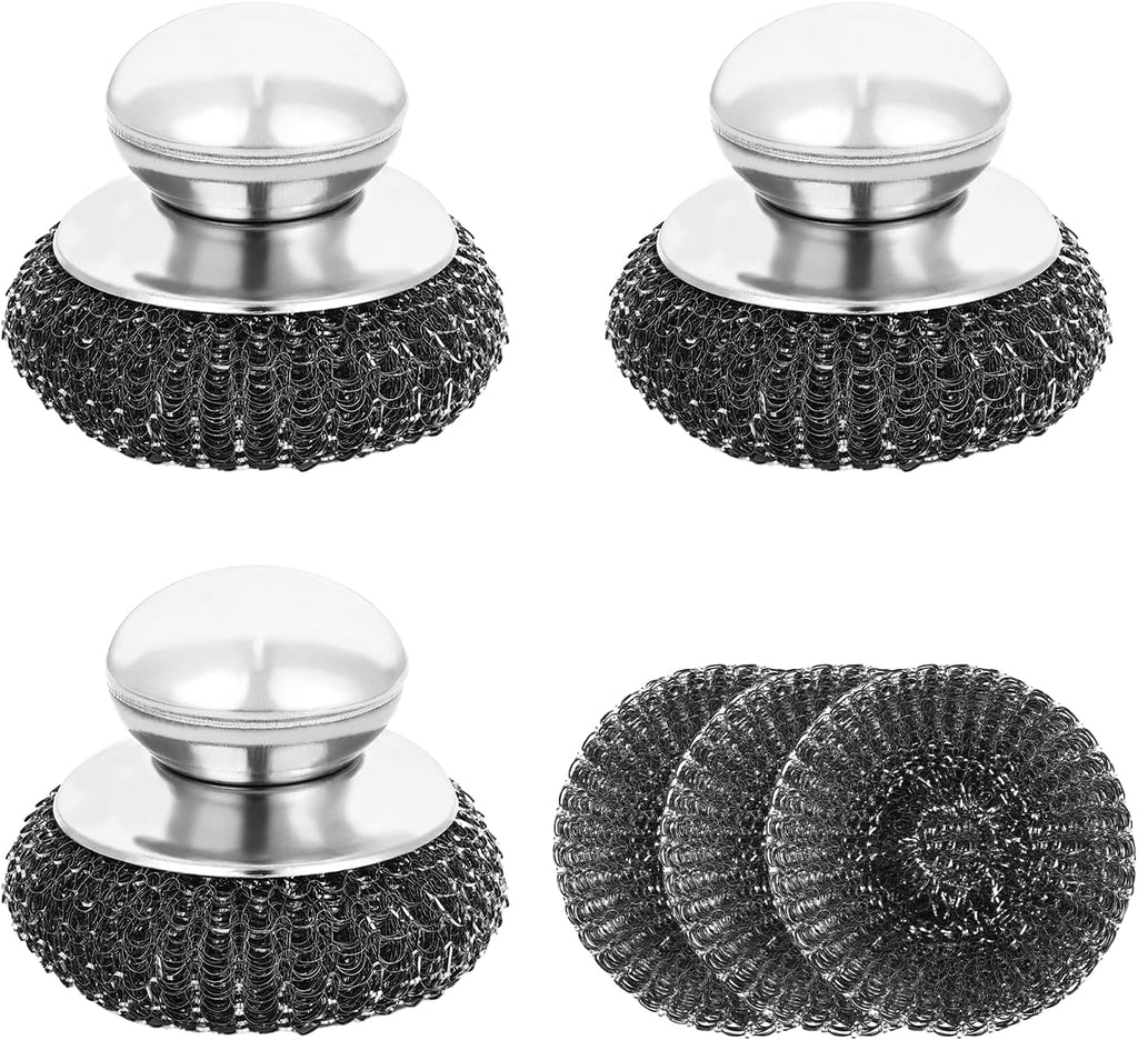 6Pcs Steel Wool Scrubber, Stainless Steel Scrubber with Handle for Cleaning Kitchen and Household Stubborn Messes from Stoves Pans Pots Grill Sink with Replacement Wire Brush Set (3 Pcs+3 Replacement)