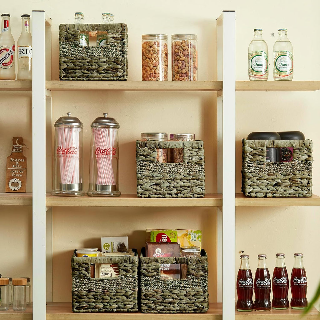 Water Hyacinth Wicker Basket, Decorative Woven Baskets with Built-in Handles, Hand-woven Storage Organizer for Organizing Pantry, Shelves, Livingroom, Bedroom, Toilet(2-PACK, Sage Green)