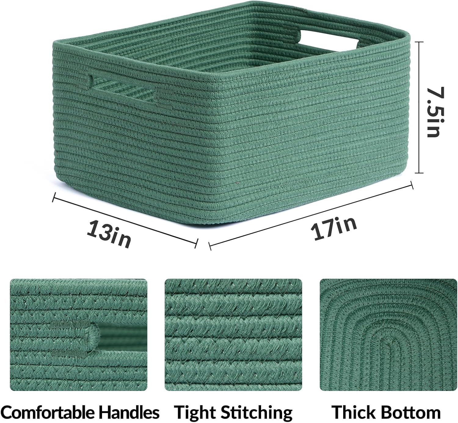 Large Storage Baskets for Shelves, Closet Organizers Bins for Clothes Blanket Towels, Baby Nursery, Toy Baskets Box, Woven Rope Baskets, 17 x 13 x 7.5”, 3 Packs Green