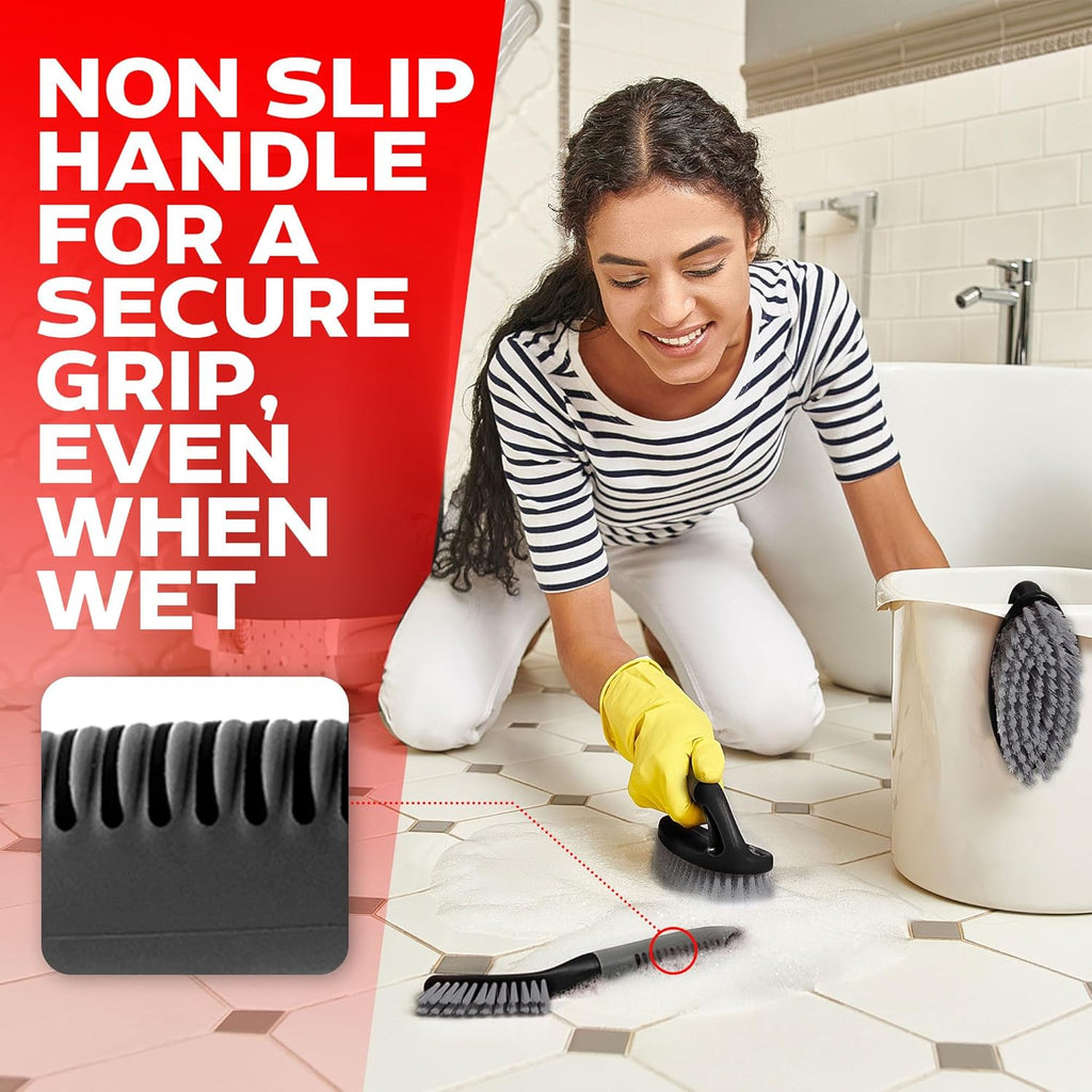 Scrub Brush Set of 6 pcs - Cleaning Shower Scrubbers with Squeegee for Shower Glass and Adhesive Wall Hooks Including Grout Cleaner Brush, Scrub Brushes for Cleaning Bathroom, Shower, Tile, Bathtub