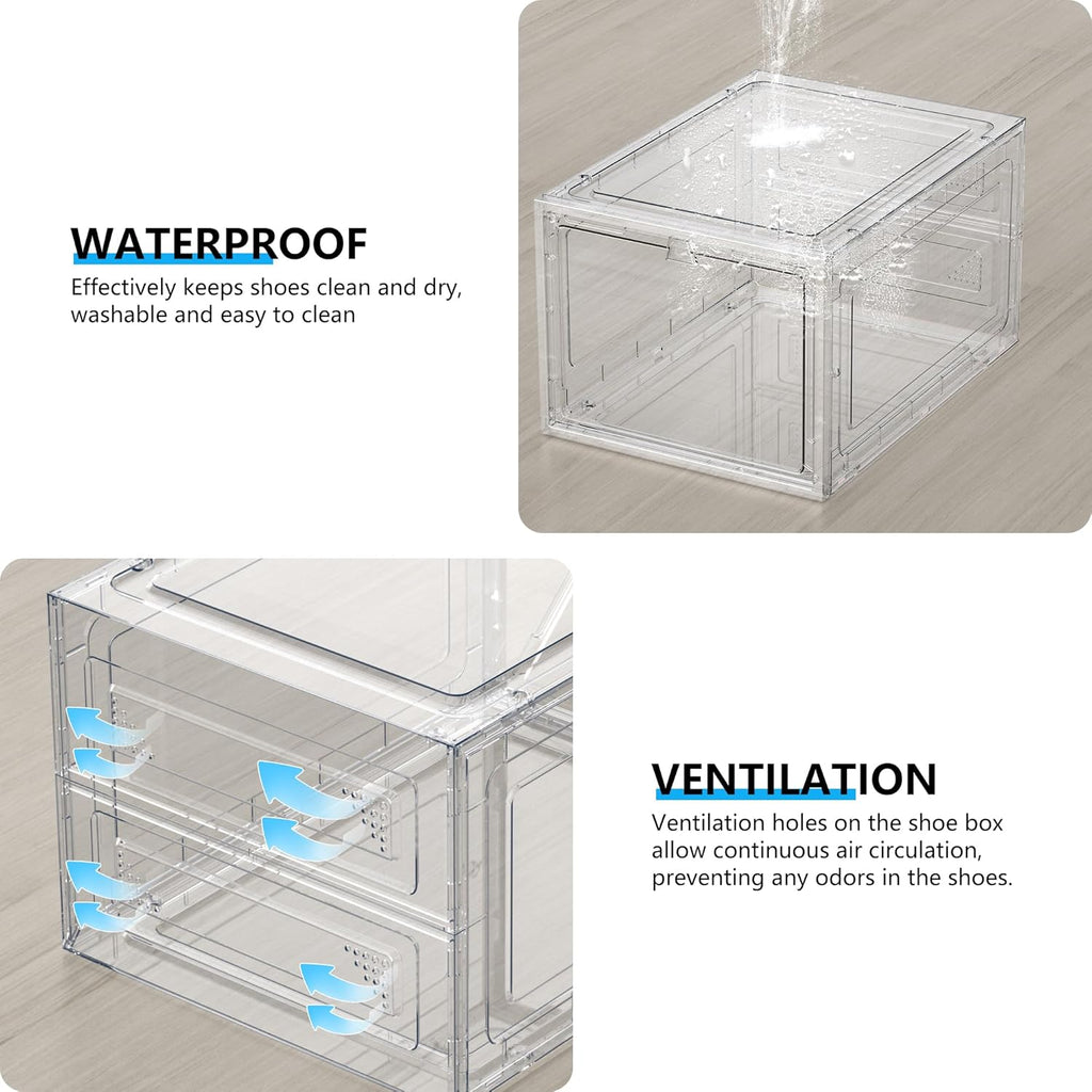 12 Pack Hard Sturdy Thickened Rigid XX Large Shoe Storage Organizer for Closet, Clear Stackable Sneaker Shoe Boxes Rack Containers Display Case Bins with Lids, White