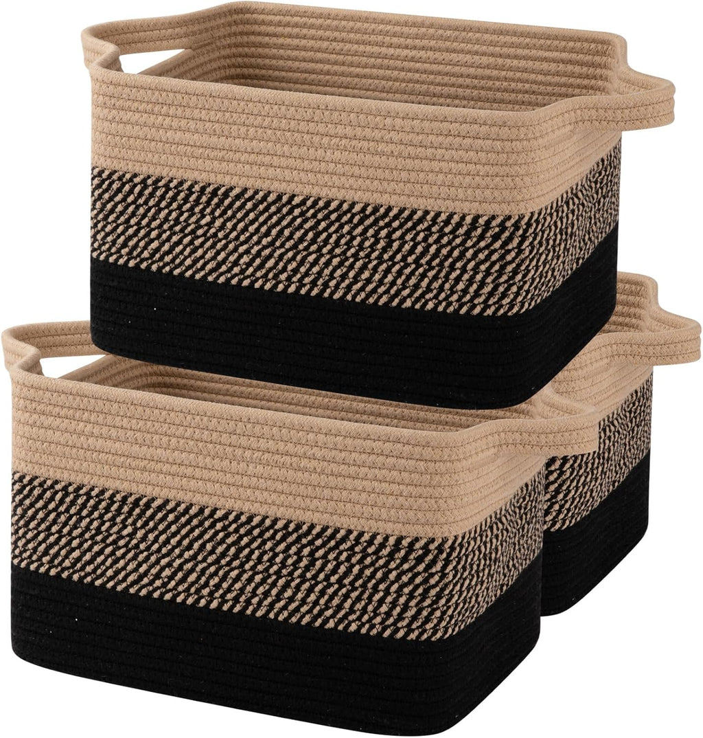 OIAHOMY Storage Basket, Woven Baskets for Storage, Cotton Rope Basket for toys,Towel Baskets for Bathroom - Pack of 3, Black & Brown