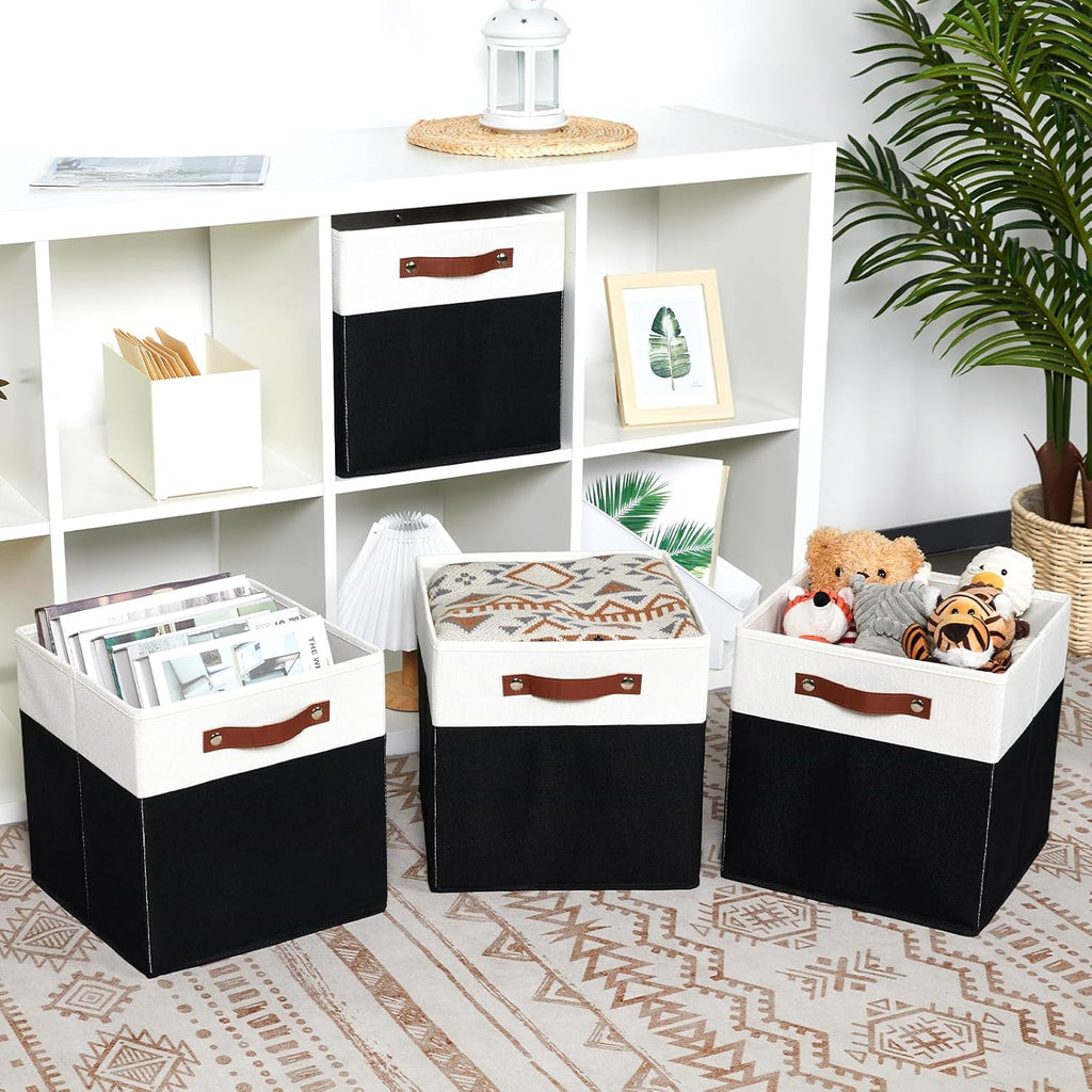 DULLEMELO Fabric Storage Bins for Shelves, Cube Storage Organizer Bins with PU Handles, Set of 4 Decorative Collapsible Storage Bins for Cube Storage,White&Black