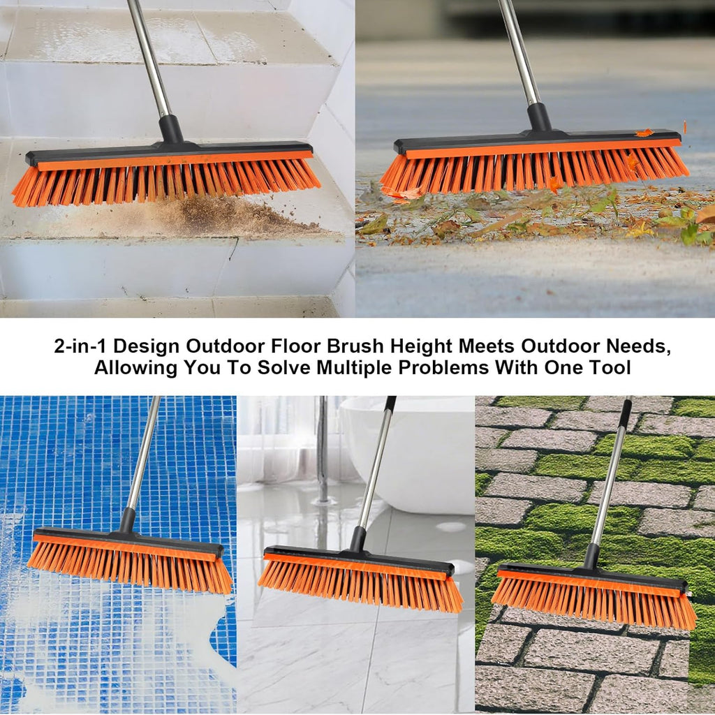 18" Push Broom Outdoor with Rubber Squeegee,Heavy Duty Broom Brush with Handle,Stiff Bristles for Patios and Deck Dirt Garage Warehouse Driveway Concrete Floor Cleaning Scrubbing