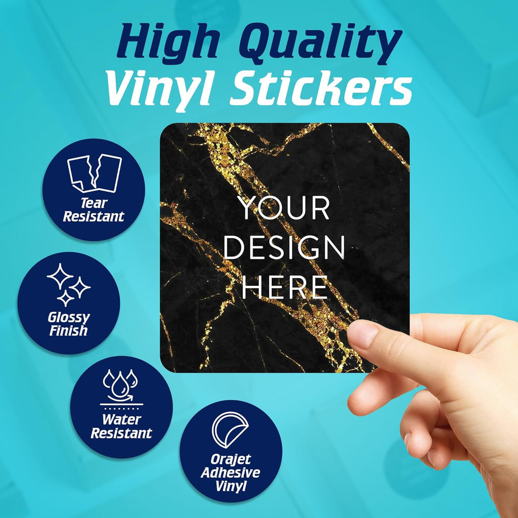 100 Custom Vinyl Stickers - Upload Your own Image, Text, Design, Logo - Personalized Logo Labels for Handmade, Packaging, Bottle, Jars, Candle, Brand Stickers (Black Gold Marble, 6x6 Square)
