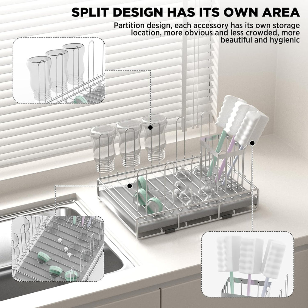 Baby Bottle Drying Rack Organizer Stainless Steel Large Countertop Glass Water Bottle Dryer Holder with Diatomite Stone Quick Dry Easy Clean and Brush Holder