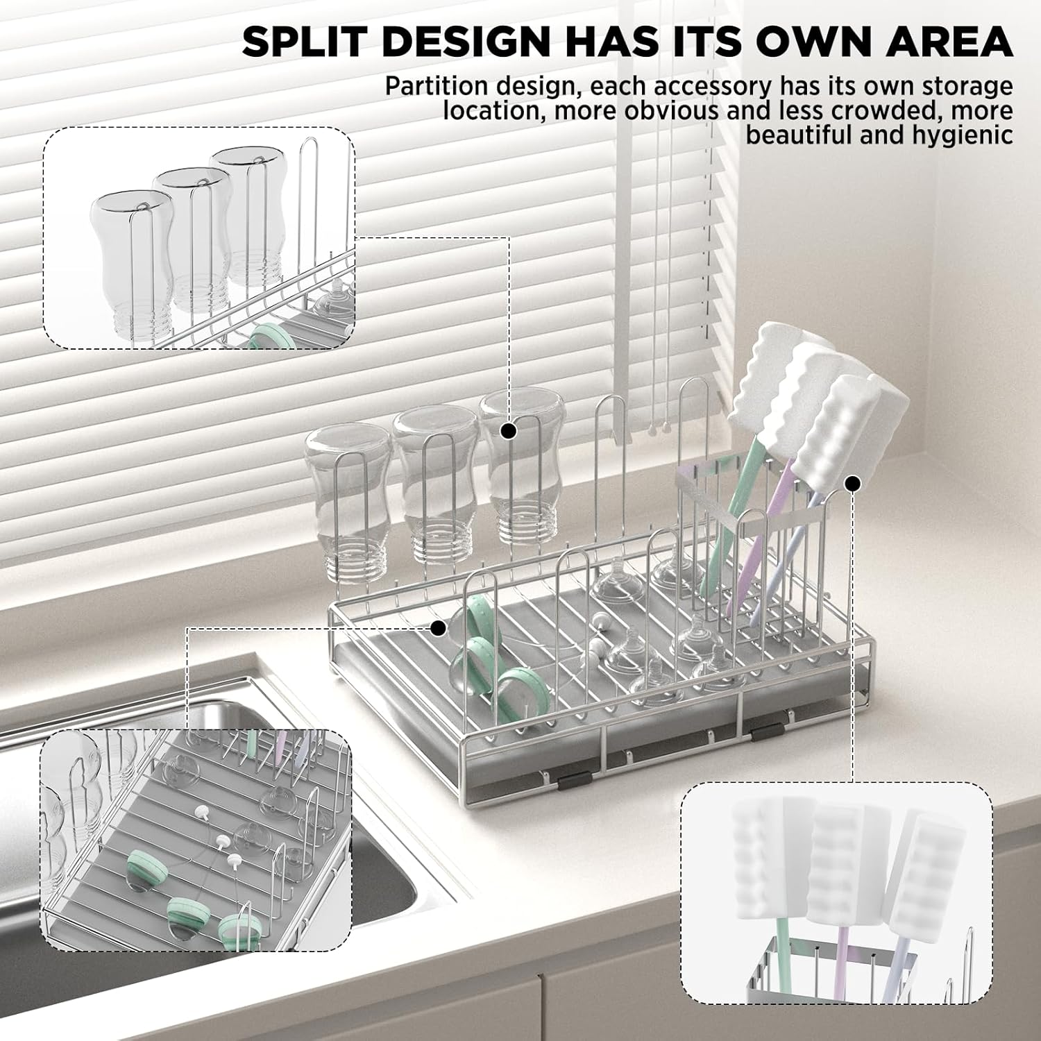 Baby Bottle Drying Rack Organizer Stainless Steel Large Countertop Glass Water Bottle Dryer Holder with Diatomite Stone Quick Dry Easy Clean and Brush Holder