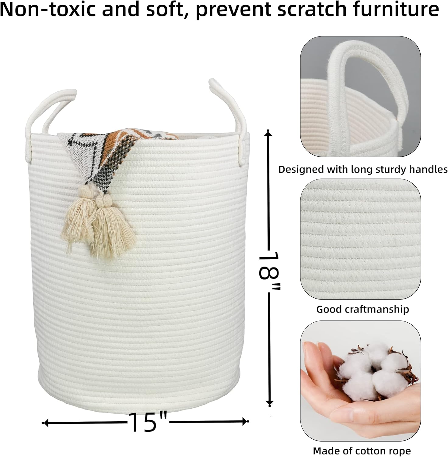 Cotton Rope Laundry Basket Hamper for Clothes Decorative Woven Storage Basket for Living Room Bedroom Boho Tall Rope Baskets for Blanket Toys Baby Nursery Hamper Bin Large white