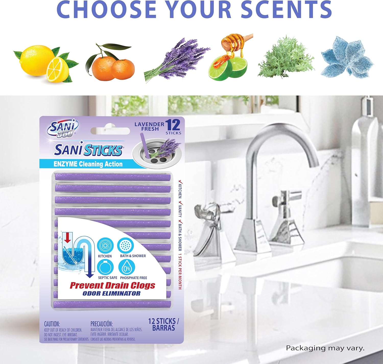 SANI 360° Sani Sticks Drain Cleaner and Deodorizer, 48 Count, Lavender Scent Enzyme Pipe Cleaners, Eliminate Odors, Prevent Clogged Drains, Safe for Sinks, Bathtub Drains, Septic Tanks