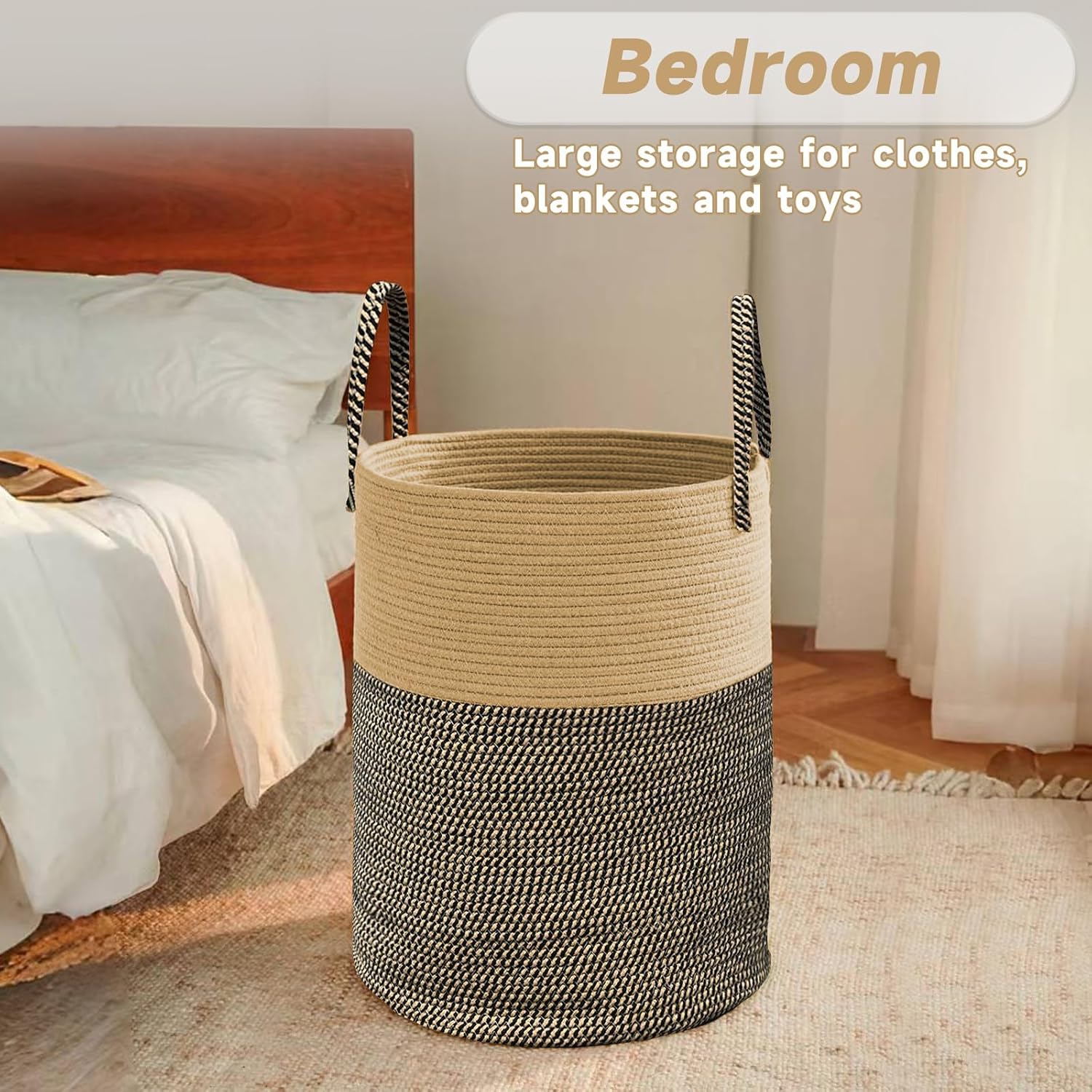 Large Woven Laundry Basket Hamper,100L Cotton Rope Storage Bin for Blankets,Toys and Clothes,Decorative Tall Nursery Hamper for Living Room,Baby Nursery,Bathroom and Bedroom,Brown and Black