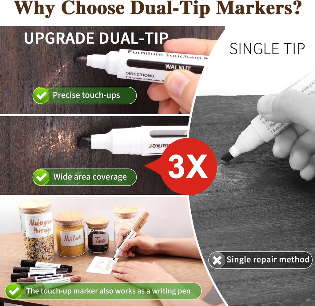 Dual Tip Furniture Markers Touch Up,Upgrade 13 Pcs Wood Markers Furniture Repair Kit,Touch Up Paint Pen and Wood Filler Putty Stick with Sharpener Kit,for Wood Stain Remover,Wood Floor Scratch Repair