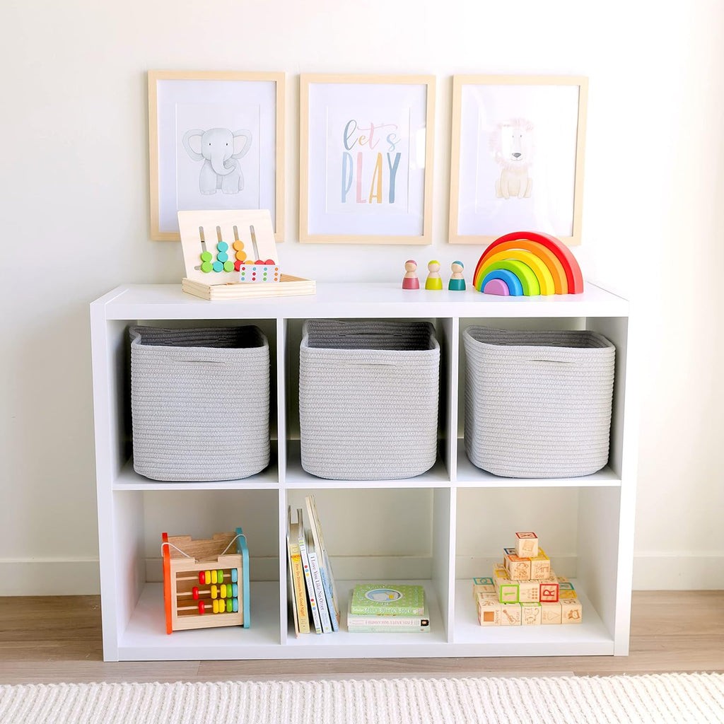 NaturalCozy Storage Cubes 11 Inch Cotton Rope Woven Baskets for Organizing, 3-Pack | Cube Storage Bin | Square Storage Baskets for Shelves Organizer, Classroom, Kids Toy Bins, Closet, Baby Nursery