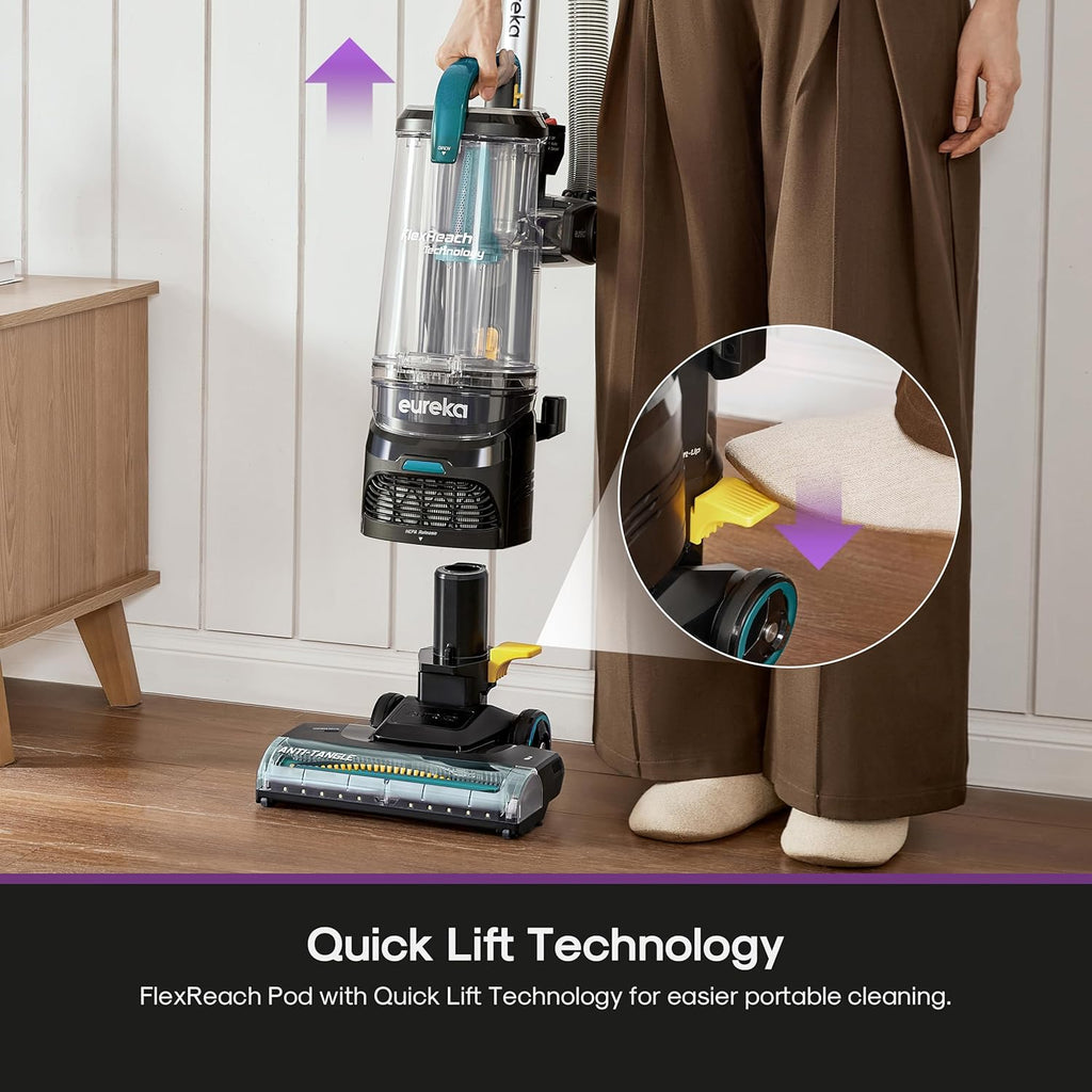 Eureka FlexReach Plus Bagless Upright Vacuum Cleaner for Home,Pet Vacuum for Carpet and Hard Floor, Lift-Up Vacuum with Flooring Type Sensor, HEPA Filter,Anti-Tangle, NEU652, Green