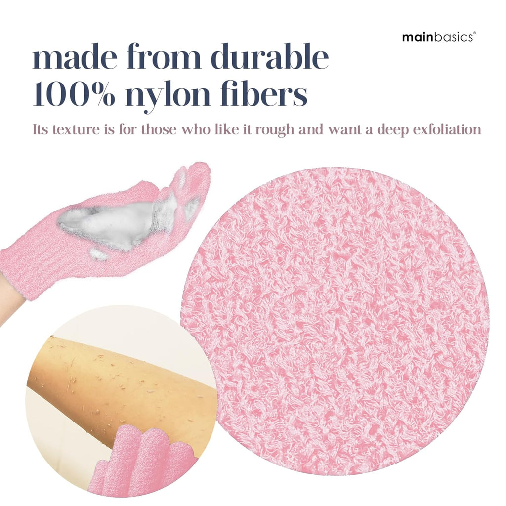 MainBasics Deep Cleansing Exfoliating Bath Gloves - Heavy-Textured Nylon Shower Scrub for Dead Skin Removal - Machine Washable with Hanging Loop (1 Pair, Soft Pink)
