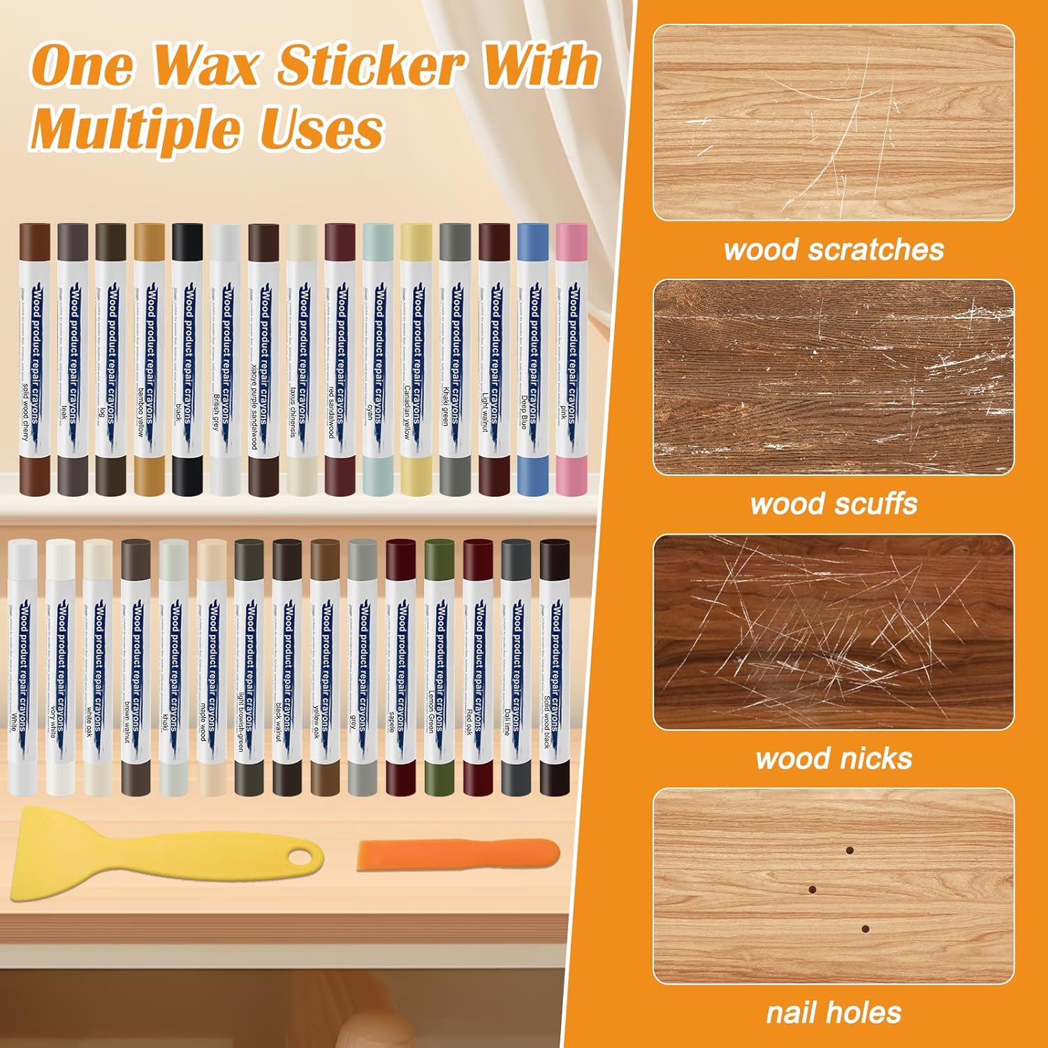 30+2P Wood Filler Sticks, Windspeed 30 Colos Wood Filler Putty Wax Crayons Furniture Repair Kit Putty Stick for Baseboard Cabinets Furniture Floors(with 2 Scrapers)