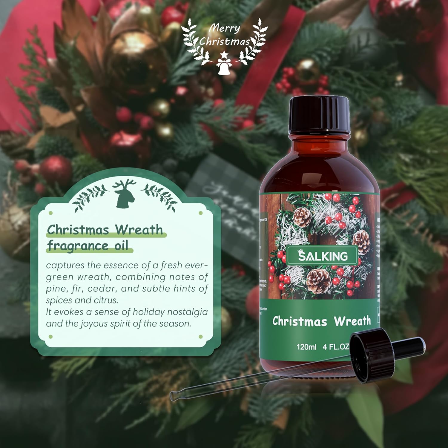 SALKING Christmas Wreath Fragrance Oil, 120ml (4 Fl Oz) Premium Essential Oils for Diffuser, Candle Scents for Candle Making, Soap Making Supplies, Diffuser Oil Scents, Holiday Gifts