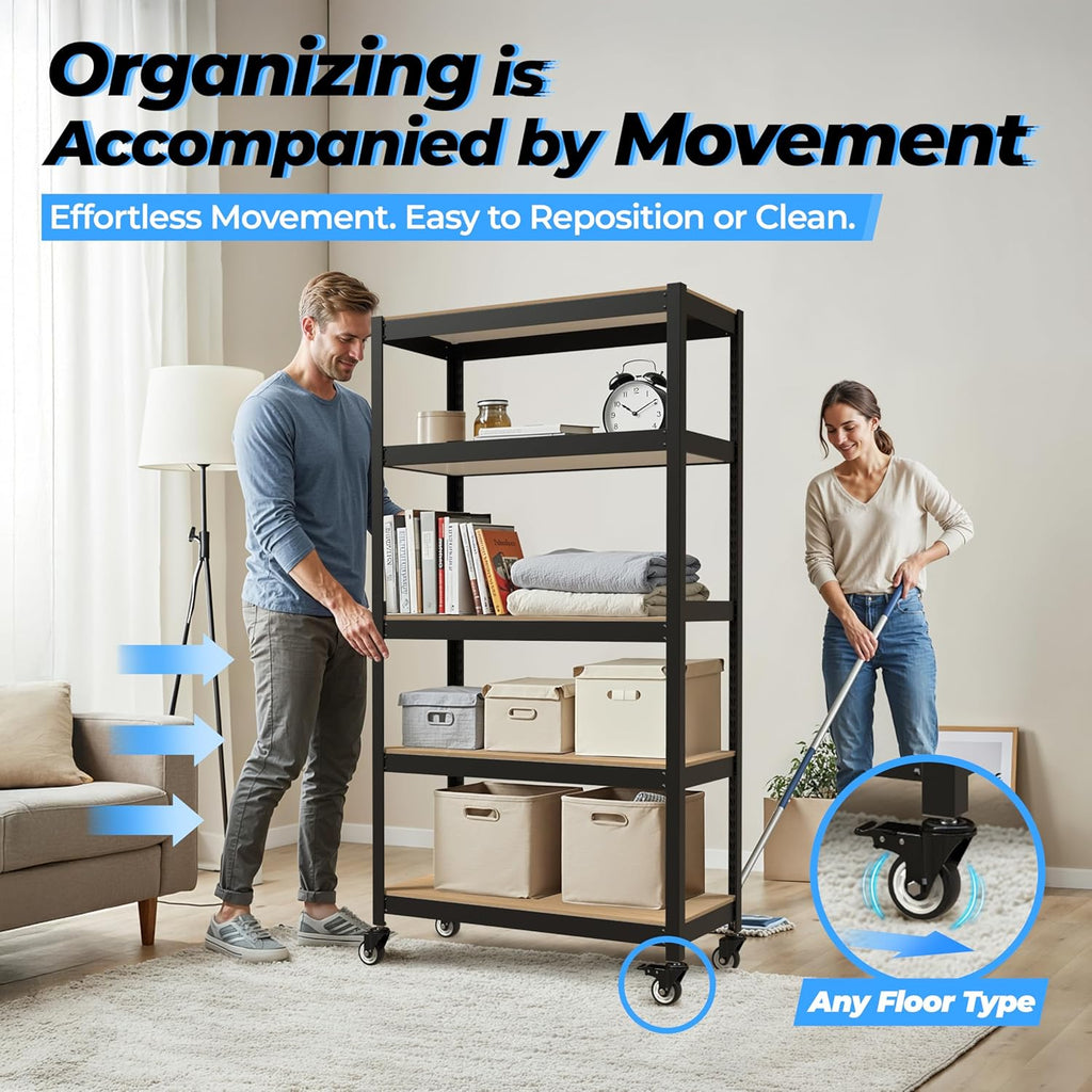 HOMEDANT House 5-Tier Metal Rolling Cart Shelf Rack Casters Heavy Duty Laminated Wheel Shelving Unit Adjustable Utility Storage Shelves Organizer Shelf Kitchen Garage 36.2" W x 16.5" D x 69.5" H 1Pack