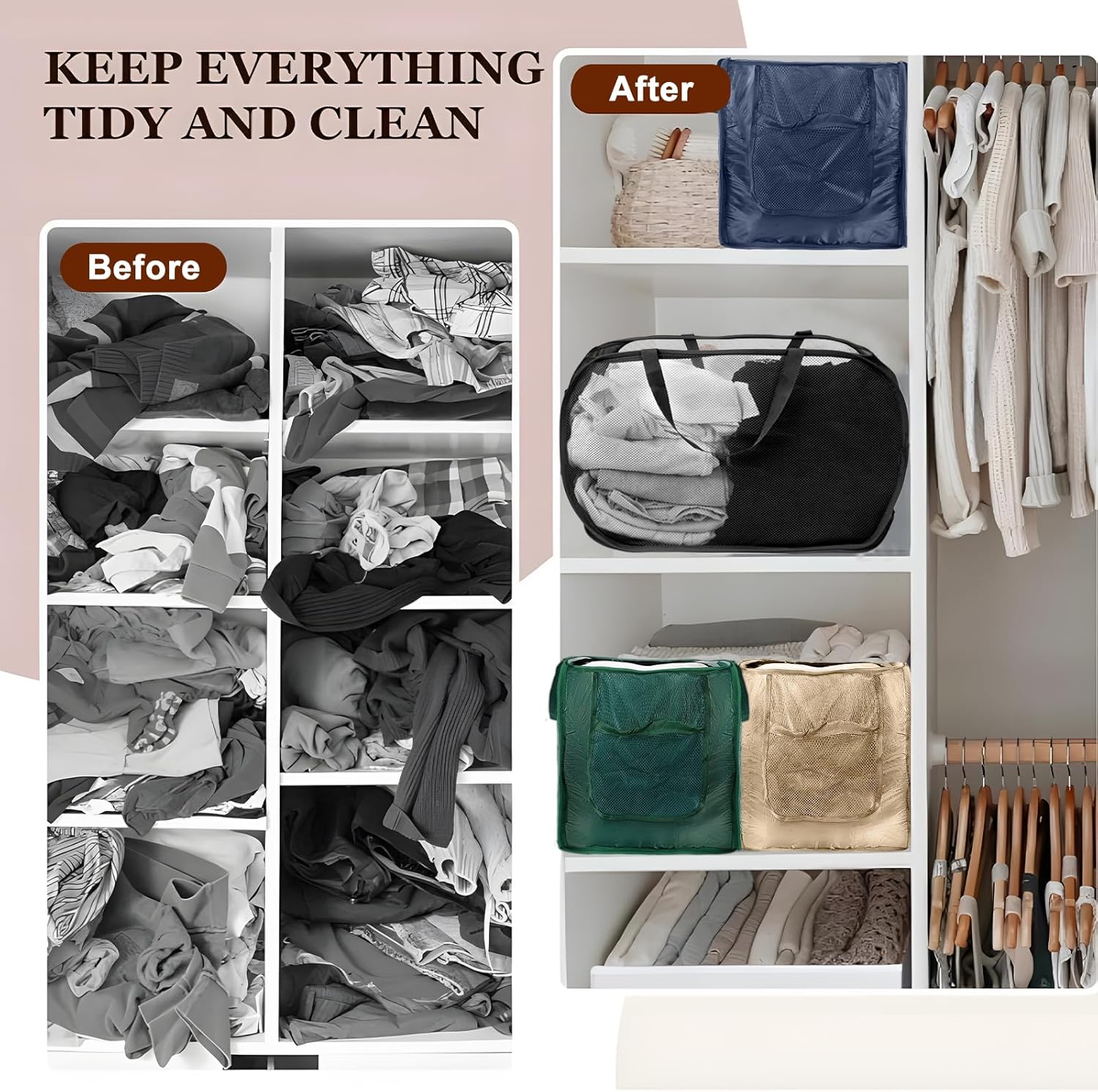 4 Pack Closet Storage Bins, Storage Containers for Closets, Fabric Closet Bins for StorageDecorative ,Collapsible Baskets for Organizing Clothes Toy Nursery (Black)