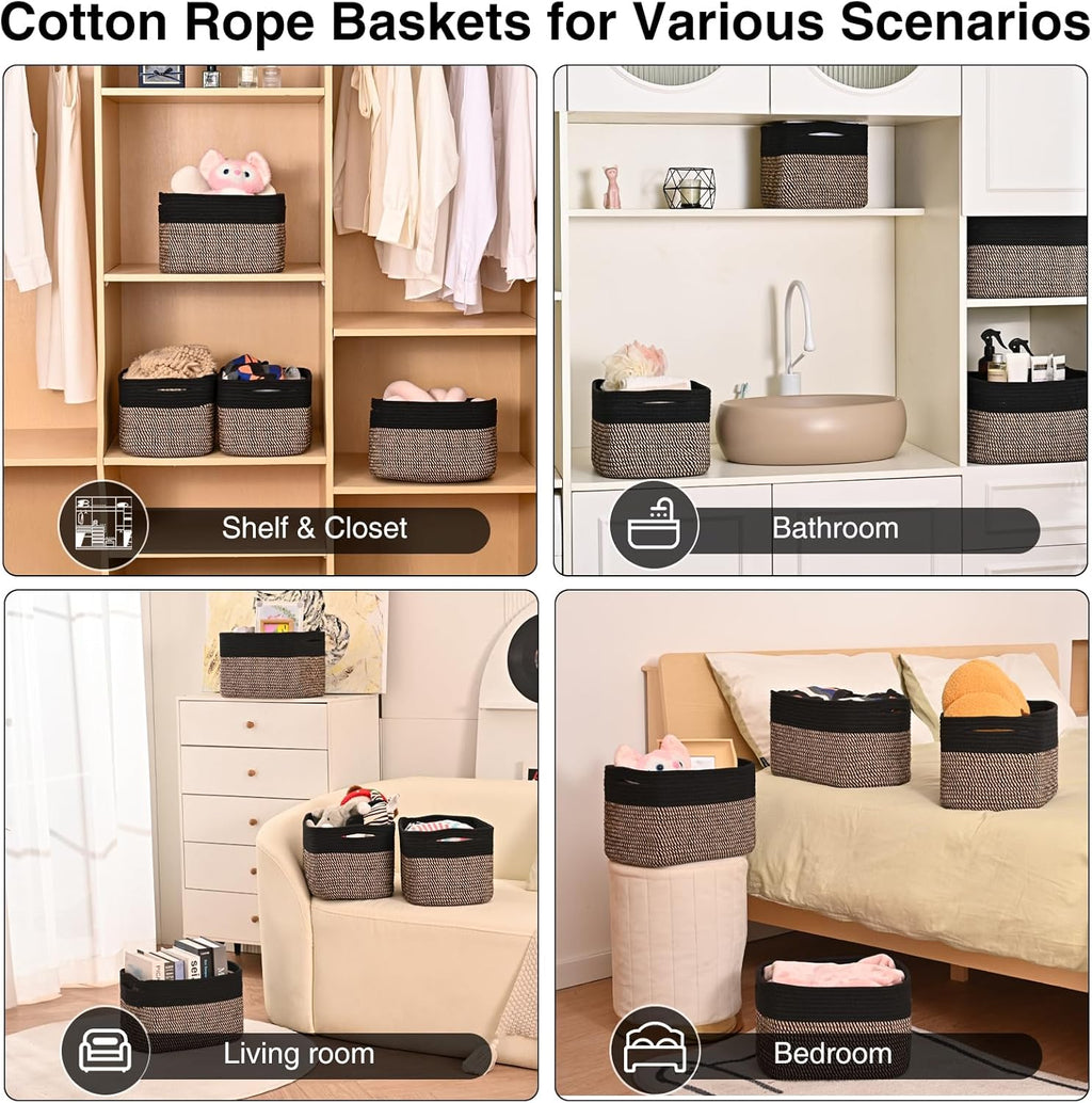 Small Storage Baskets for Organizing Shelves, Cotton Rope Basket for Storage, Cute Rectangular Book Toy Basket, 12.7"×9.1"×7.9", 4 Packs, Black & Jute