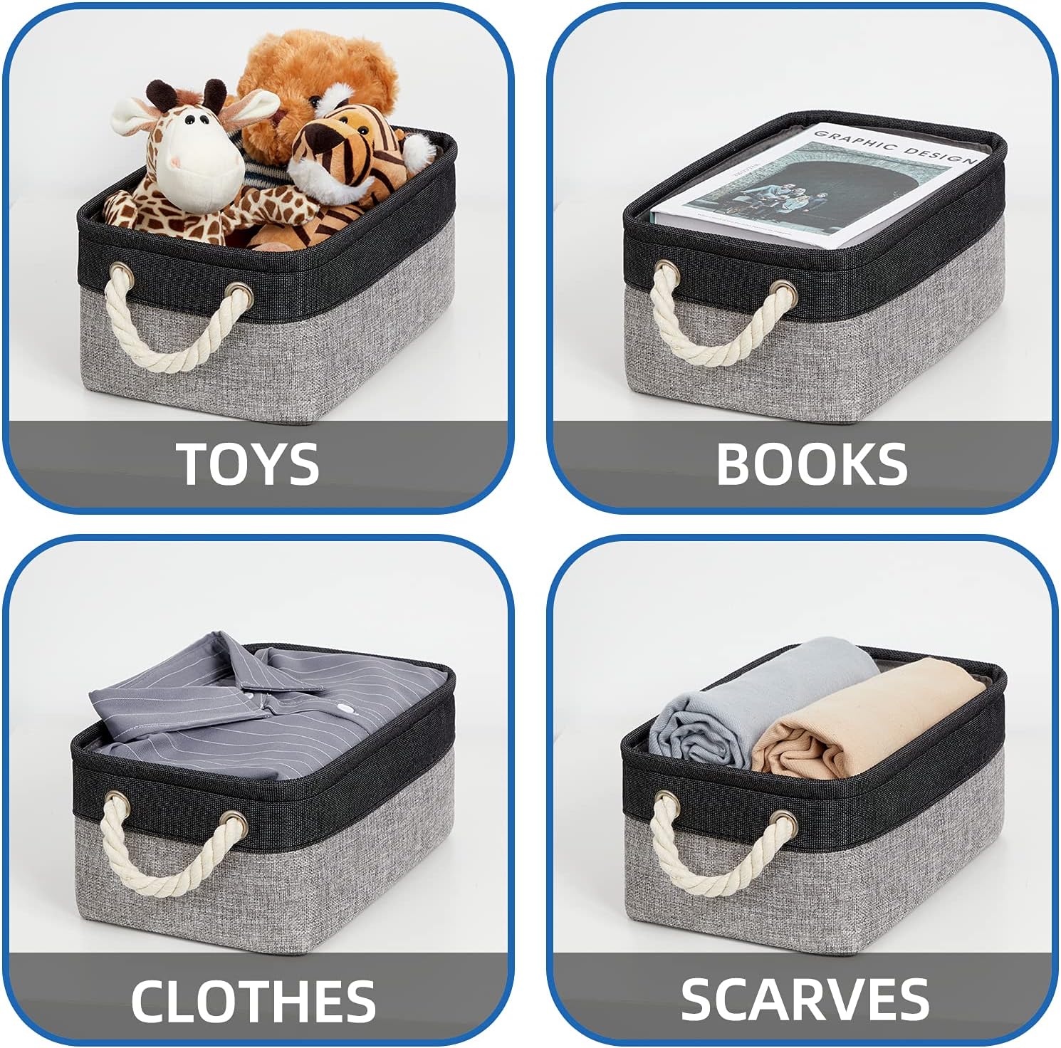 Temary Fabric Storage Baskets 6 Pcs Small Cloth Basket for Shelves Collapsible Decorative Storage Organizer Small Canvas Storage Bins with Handles (Black,11.8L x 7.9W x 5.3H inches)