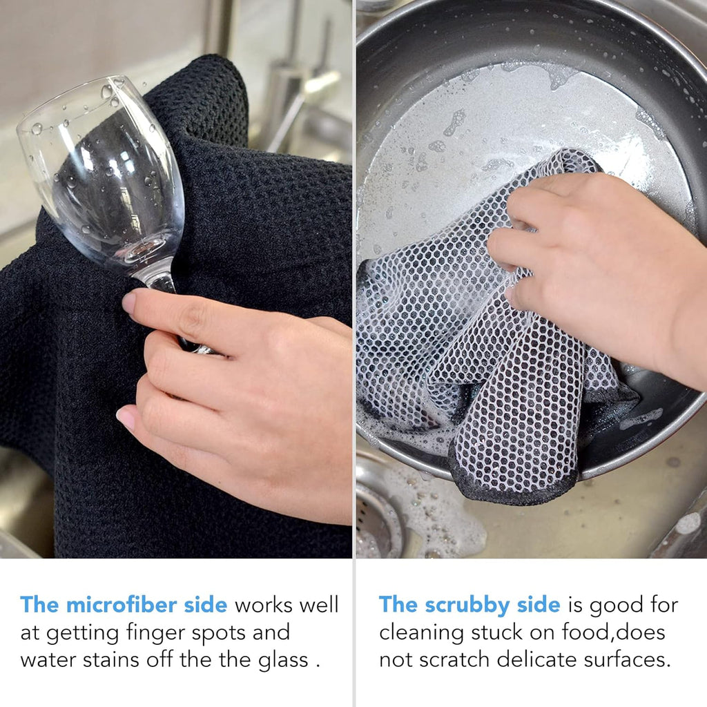 KinHwa Kitchen Washcloths for Dishes Absorbent Microfiber Dish Cloths Quick Dry Dish Rags with Poly Scour Scrub Side Ideal for Kitchen Cleaning (Black-B, 12inchx12inch 6 Pack)