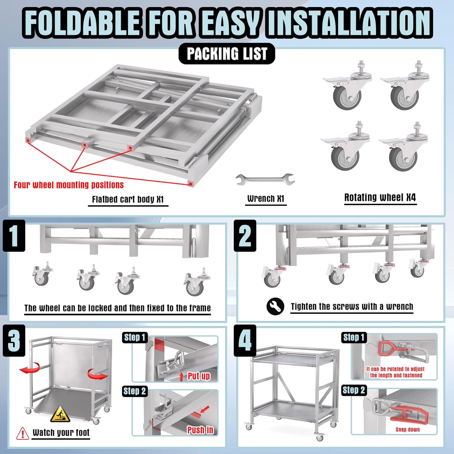 2 Shelf Rolling Cart with Wheels, 660lbs Capacity Collapsible Steel Rolling Utility Cart, Heavy-Duty Foldable Workbench, Metal Rolling Storage Cart with Handle for Groceries, Warehouse (36" Lx26 W)