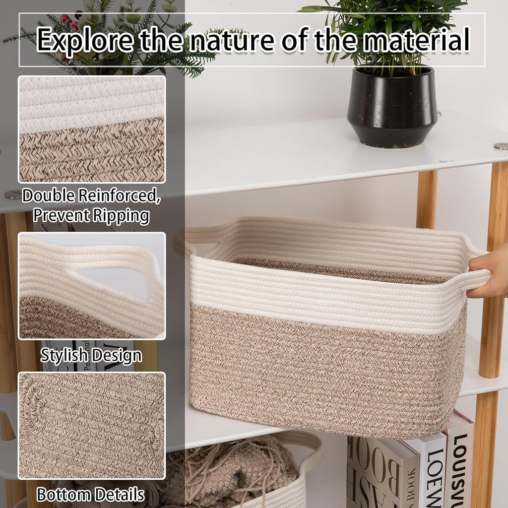 OIAHOMY 3 Pack Storage Baskets for Organizing, 13''X9.85''X8.7'' Storage Bins,Woven Basket with Handles, Toy Storage Bin,Stylish Room Decor Basket, white & Brown variegated