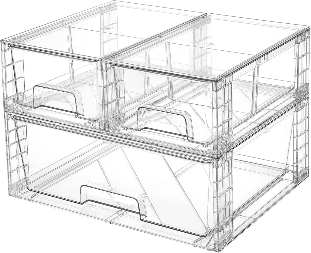 Vtopmart 3 Pack Stackable Storage Drawers, Easily Assemble Acrylic Bathroom Undersink Organizers,Clear Plastic Storage Bins for Closet,Cabinet,Pantry,Medicine Organization