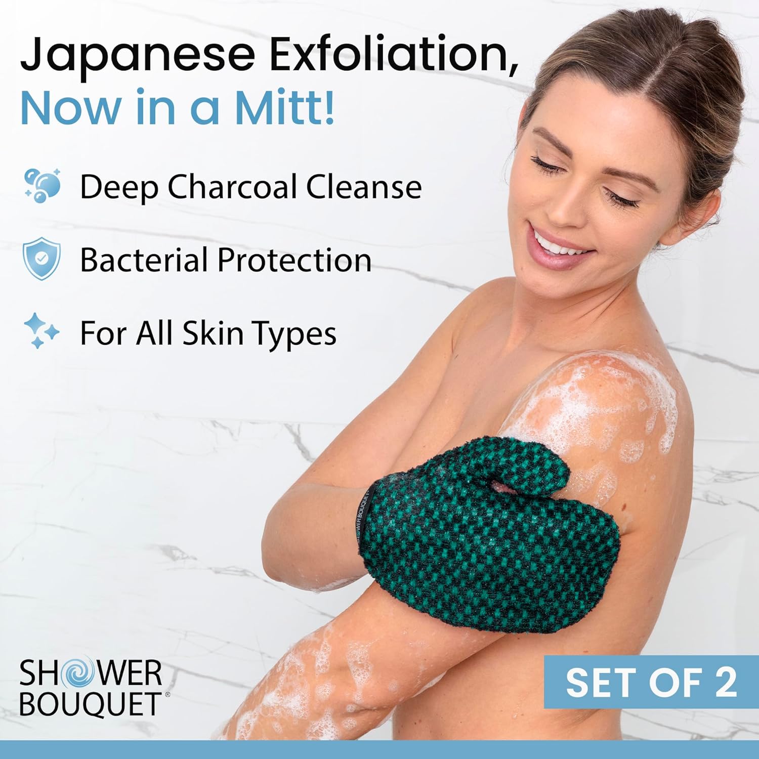 Japanese Exfoliating Mitt 2-Pack - Charcoal & Silver Ion Exfoliating Gloves for Shower - Soft Inner Fabric Gentle Exfoliation & Deep Cleansing Body Scrub Gloves for All Skin Types - 1 White, 1 Green