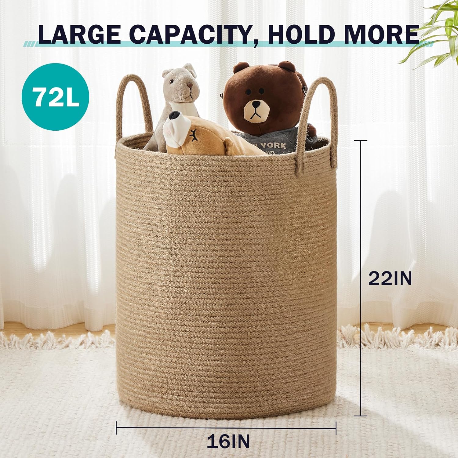 Jute Rope Woven Laundry Hamper Basket by YOUDENOVA, 72L Tall Luandry Basket, Baby Nursery Hamper for Blanket Storage in Bedroom-Large-Jute