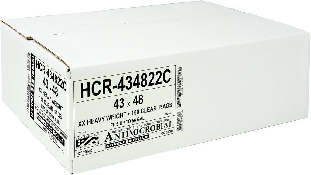 Aluf Plastics High Density Trash Bags, 56 Gallon, 150 Count, 22 Micron (eq), 43" x 48", Clear, for Bathroom, Office, Industrial, Commercial, Janitorial, Municipal, Recycling