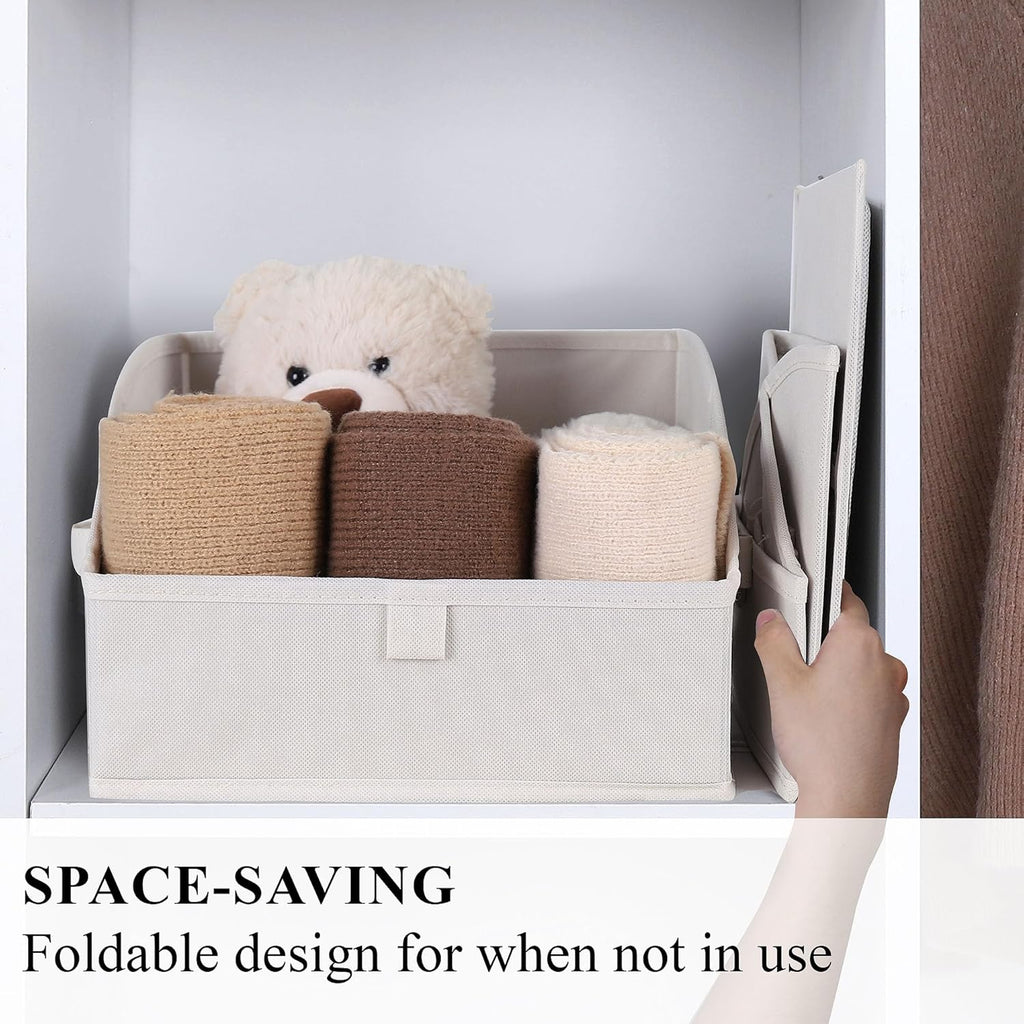 WUIKE Closet Storage Bins, Large Trapezoid Storage Boxes with Handles, Fabric Storage Baskets for Organizing Clothes, Sheets, Blankets, Decorative Storage Bins, White & Beige