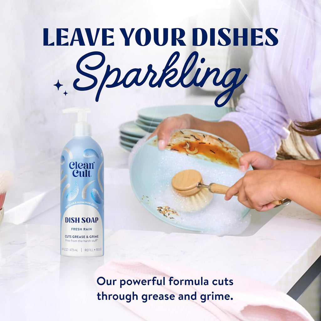 Cleancult Dish Soap Liquid Refill (32oz, 3 Pack) - Plant Based Cleaning Power - Dish Soap that Cuts Grease & Grime - Free of Harsh Chemicals - Uses 90% Less Plastic - Fresh Rain