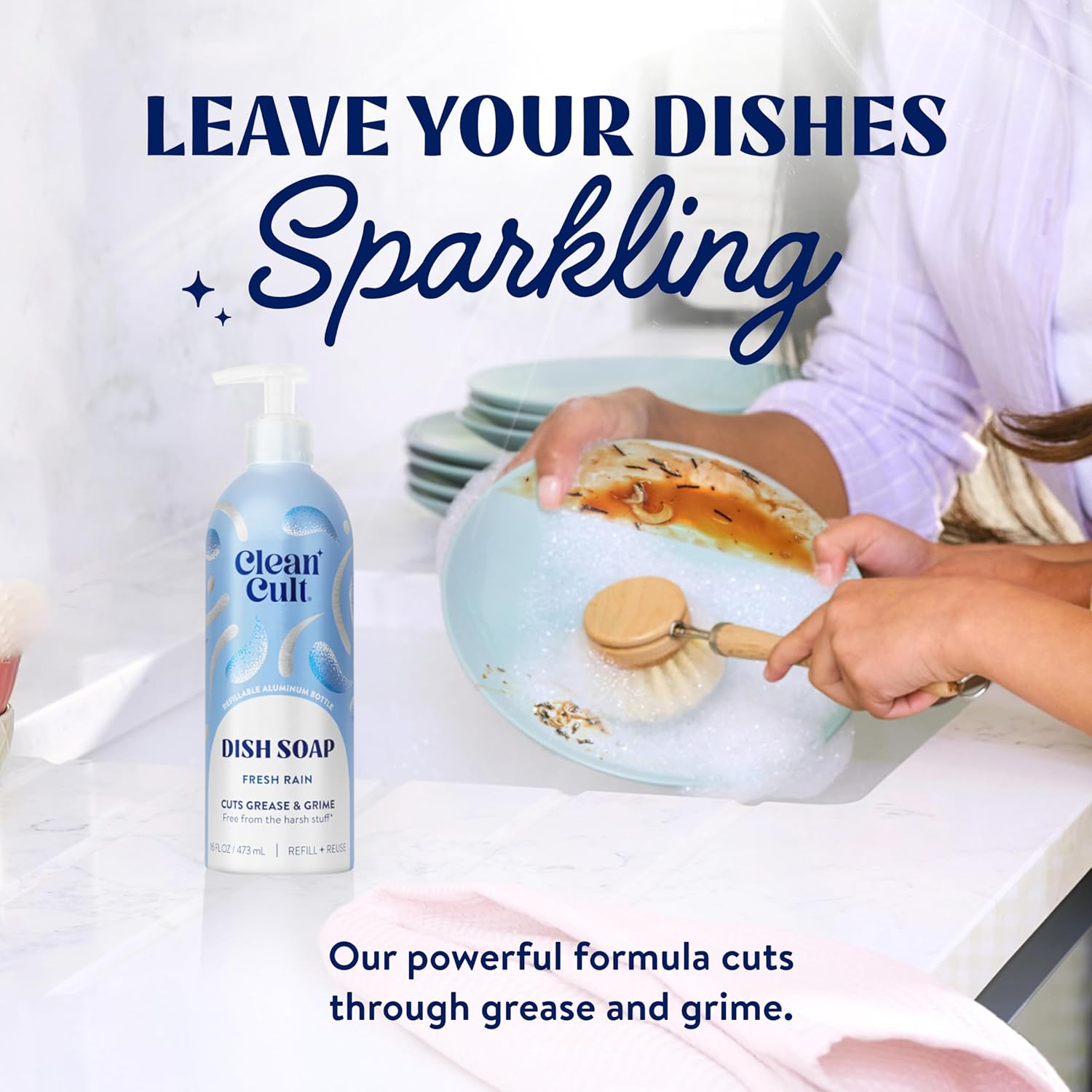 Cleancult Dish Soap Liquid Refill (32oz, 3 Pack) - Plant Based Cleaning Power - Dish Soap that Cuts Grease & Grime - Free of Harsh Chemicals - Uses 90% Less Plastic - Fresh Rain