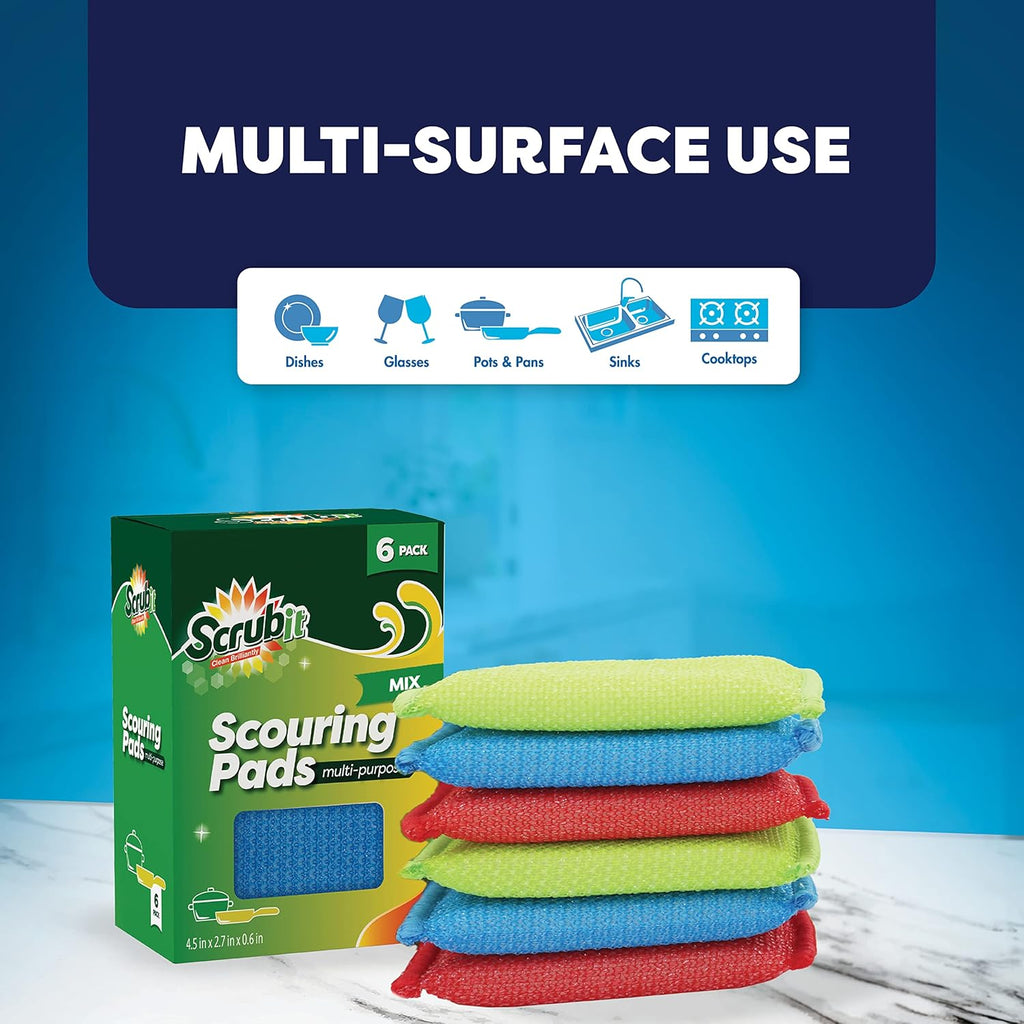 SCRUBIT Multi-Purpose Scouring Pad - Non-Scratch Cleaning Sponges for Pots, Pans, Dishes, Utensils & Non-Stick Cookware - Scrubbing Pads Use for Kitchen, Bathroom - 6 Pack Dish Sponge - (Colored)