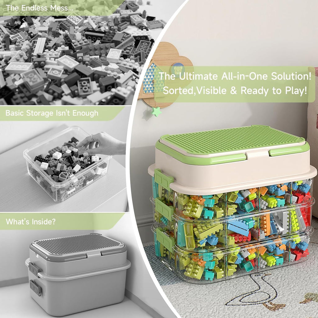Toy Storage Organizer Box with Handle, Stackable Building Block Toy Box with Building Plate Lid & Removable Sorting Trays, Cubby Bins and Containers 1 Layer (Green)