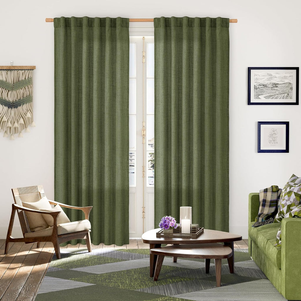 YoungsTex Olive Green Linen Curtains for Living Room 84 Inch Length, Semi Sheer Drapes with Rod Pocket Back Tab Light Filtering Window Treatments for Bedroom Farmhouse, 2 Panels, 52 X 84 Inch