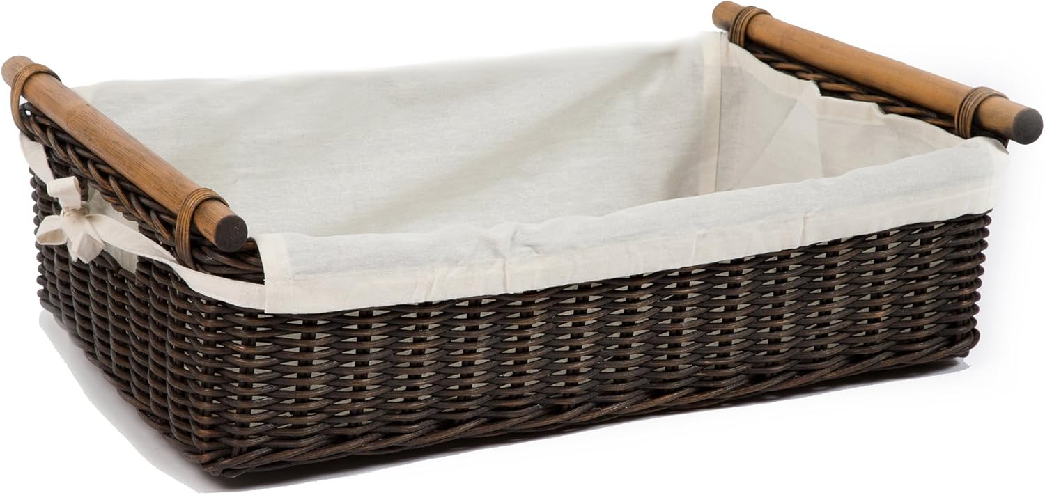 The Basket Lady Low Pole Handle Wicker Storage Basket, Extra Large, 21.5 in L x 14.5 in W x 6.5 in H, Antique Walnut Brown