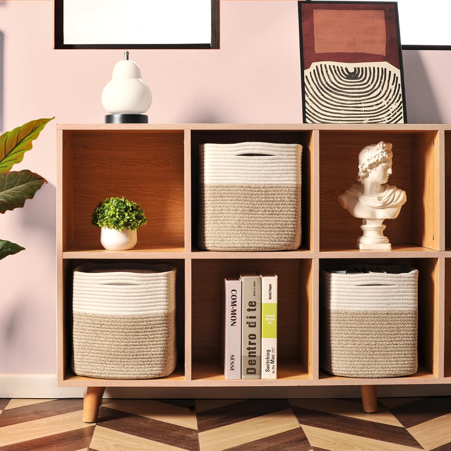 11 Inch Cube Storage Bins, Organizer Woven Cotton Rope Square Baskets for Organizing Shelves, Toys, Nursery, Off White & Brown (Pack of 3)